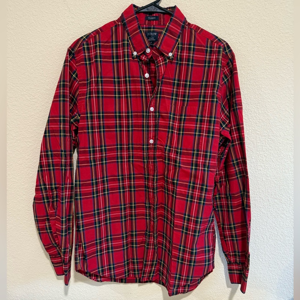 J. Crew Men's Red and Green Plaid Button Down Shirt